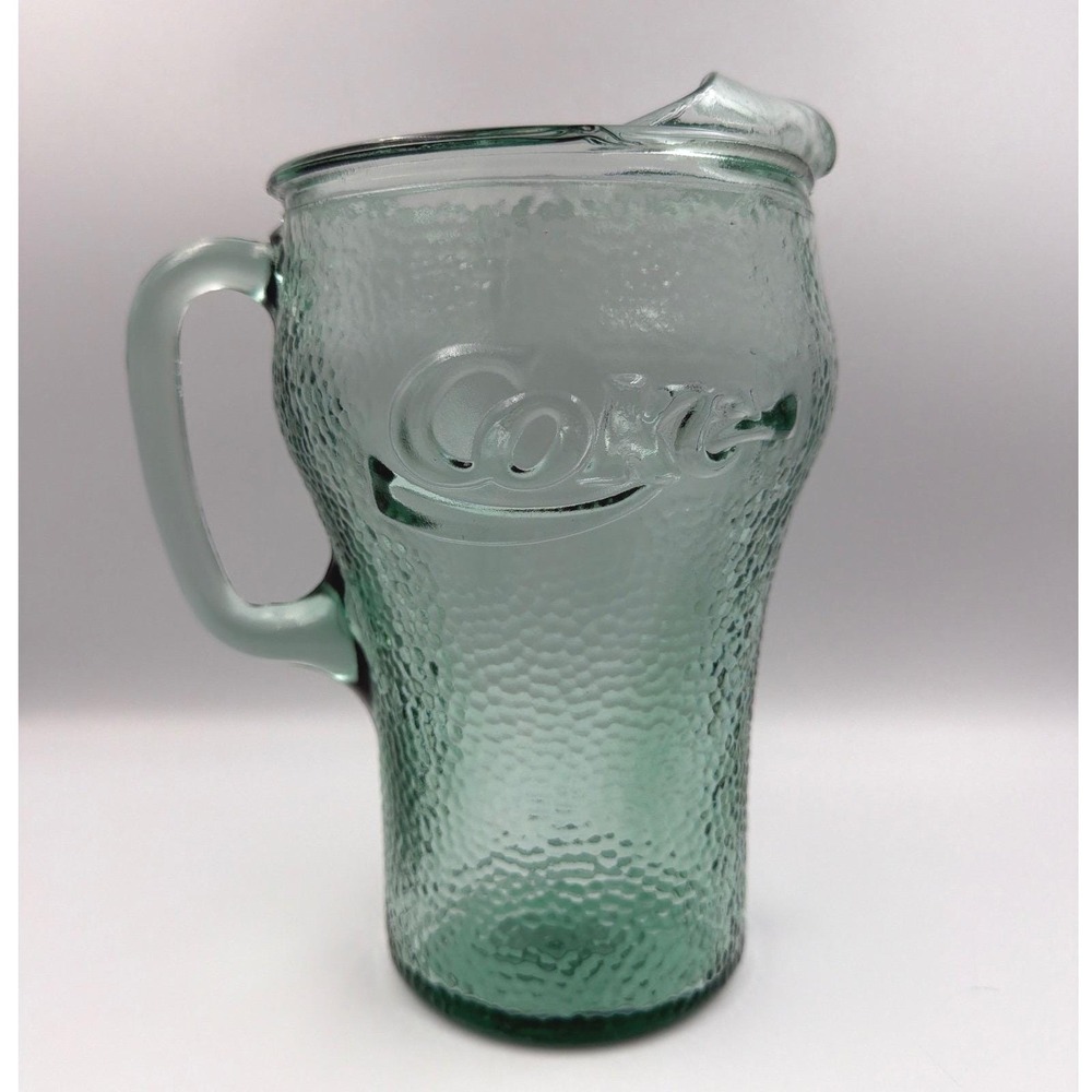 Vintage Coca-Cola Green Tint Pebbled Glass Pitcher 64 oz Ice Lip Coke 1970s